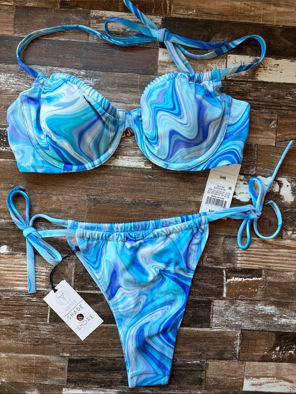 Shade & Shore Blue Marble Tie-String Bikini Swimsuit